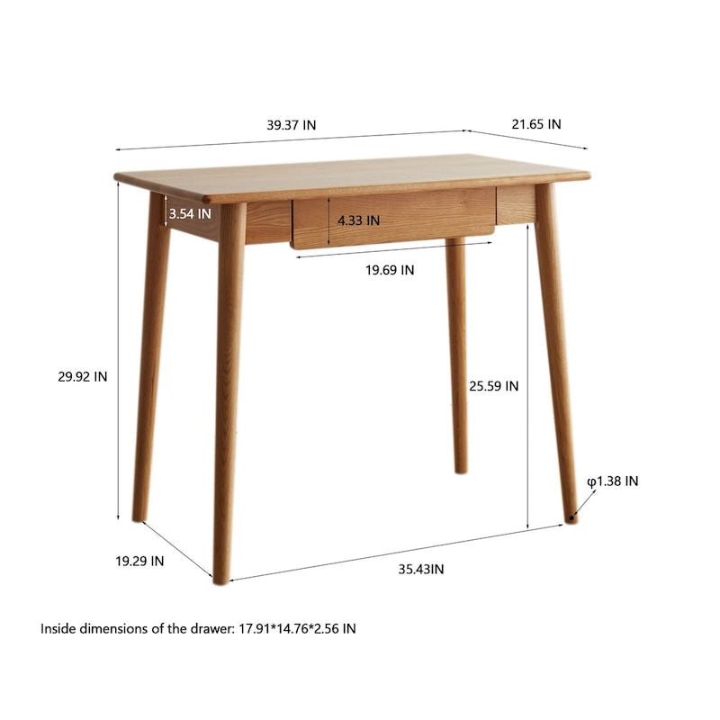 Modern Writing Study Desk with 2 Drawers and Solid Oak Frame for Small Home Office or Apartment Spaces