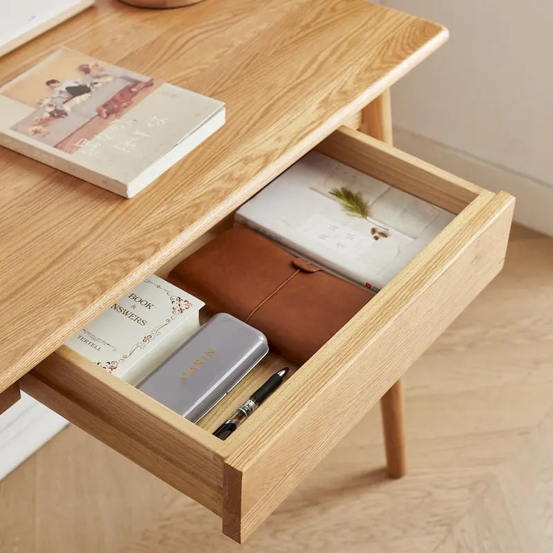Modern Writing Study Desk with 2 Drawers and Solid Oak Frame for Small Home Office or Apartment Spaces