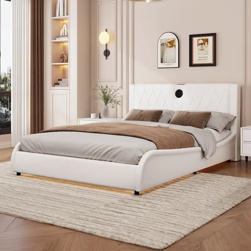 Cadre de lit King LED avec enceintes Bluetooth et revêtement en cuir