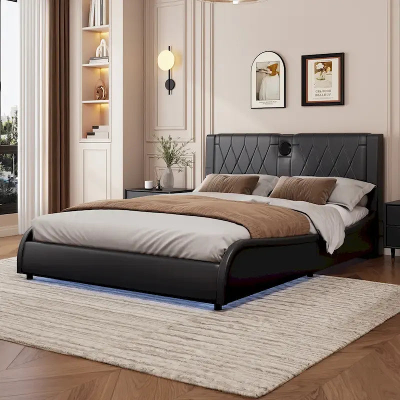 Cadre de lit King LED avec enceintes Bluetooth et revêtement en cuir