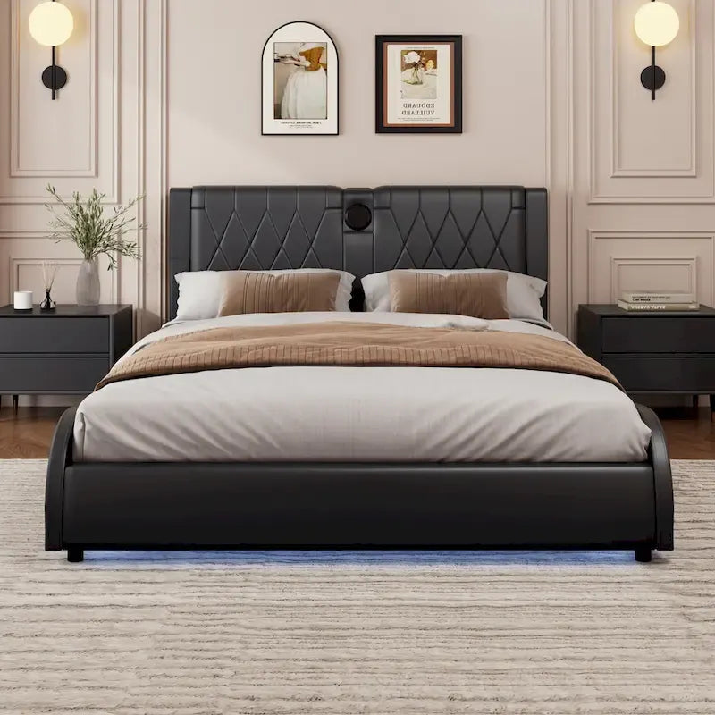 Cadre de lit King LED avec enceintes Bluetooth et revêtement en cuir