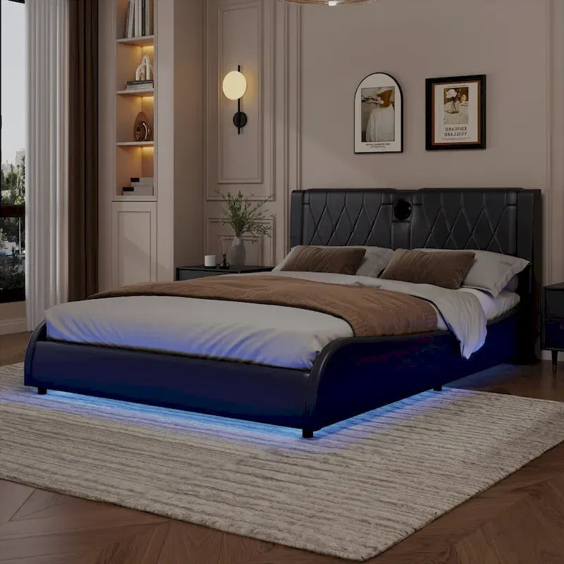 Cadre de lit King LED avec enceintes Bluetooth et revêtement en cuir