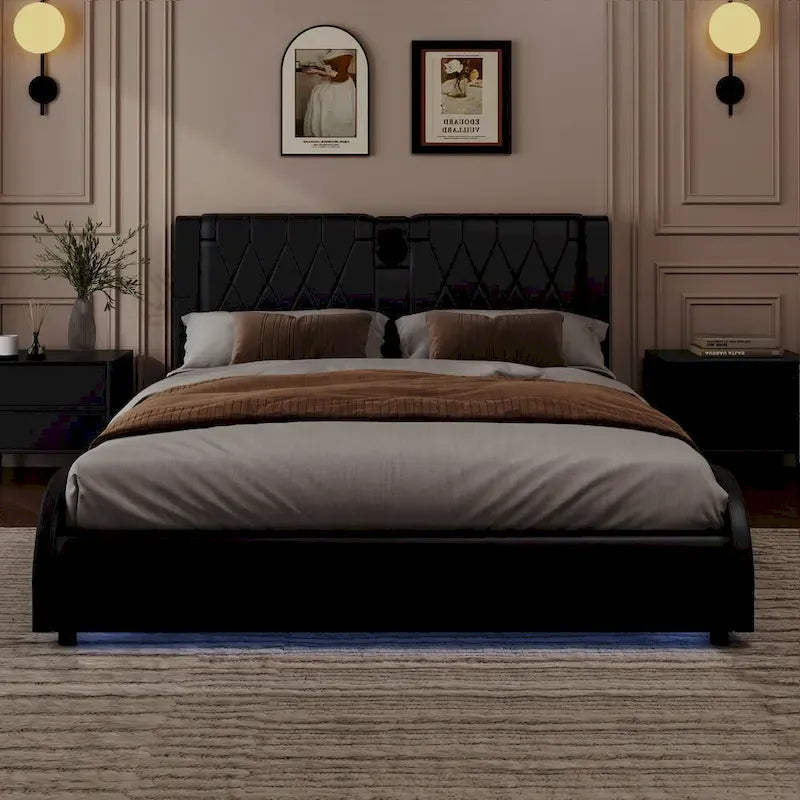 Cadre de lit King LED avec enceintes Bluetooth et revêtement en cuir