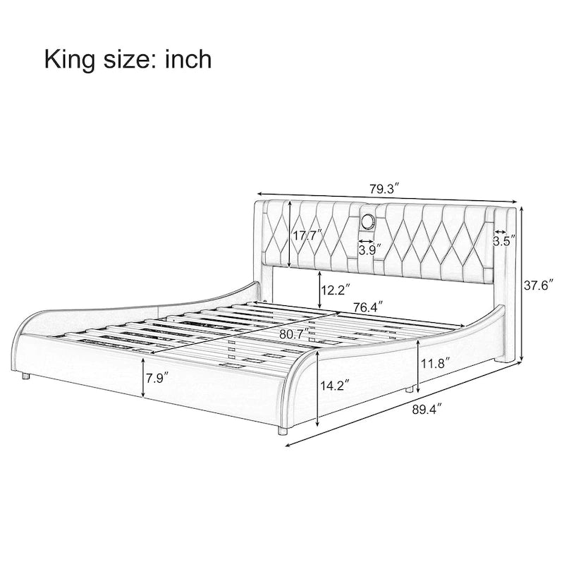Cadre de lit King LED avec enceintes Bluetooth et revêtement en cuir
