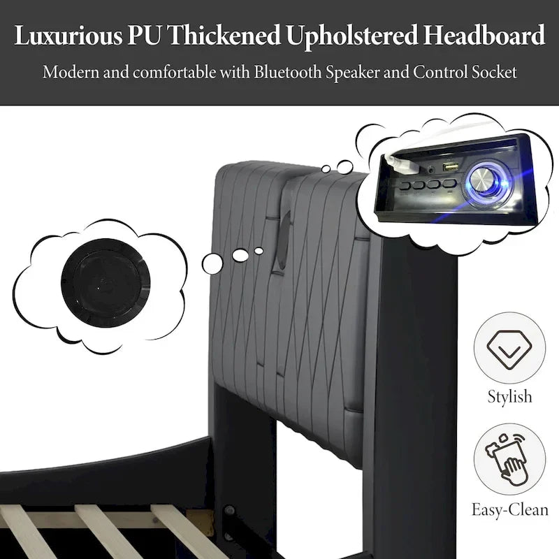 Cadre de lit King LED avec enceintes Bluetooth et revêtement en cuir