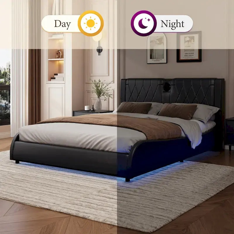 Cadre de lit King LED avec enceintes Bluetooth et revêtement en cuir