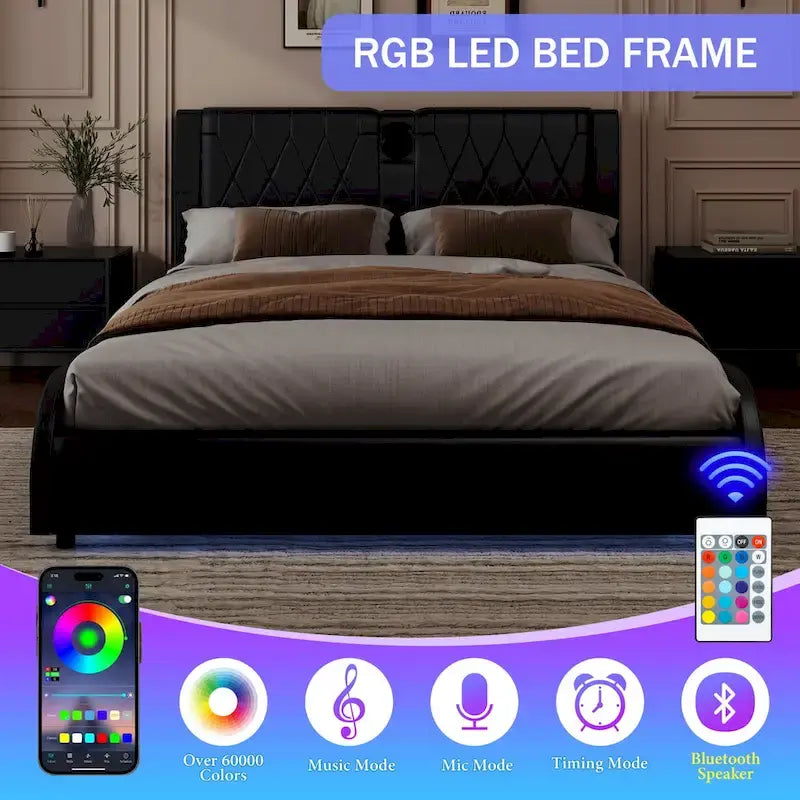 Cadre de lit King LED avec enceintes Bluetooth et revêtement en cuir