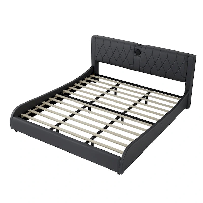 Cadre de lit King LED avec enceintes Bluetooth et revêtement en cuir