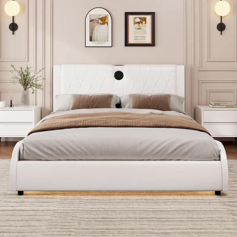 Cadre de lit King LED avec enceintes Bluetooth et revêtement en cuir