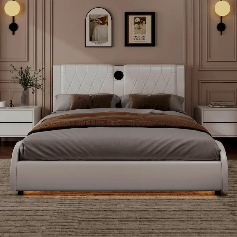 Cadre de lit King LED avec enceintes Bluetooth et revêtement en cuir