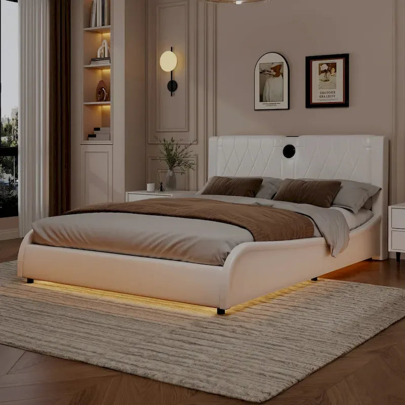 Cadre de lit King LED avec enceintes Bluetooth et revêtement en cuir