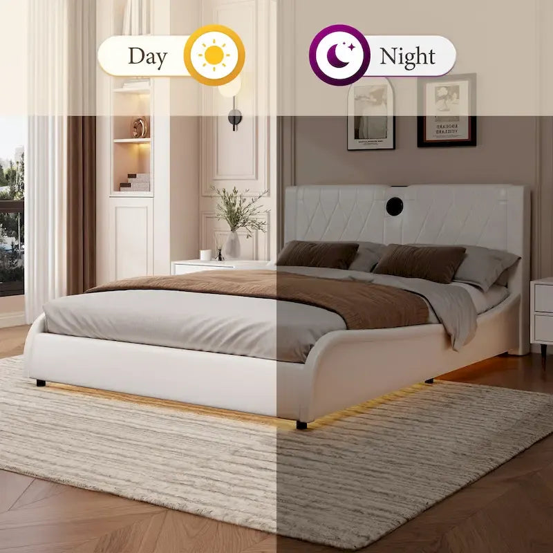Cadre de lit King LED avec enceintes Bluetooth et revêtement en cuir