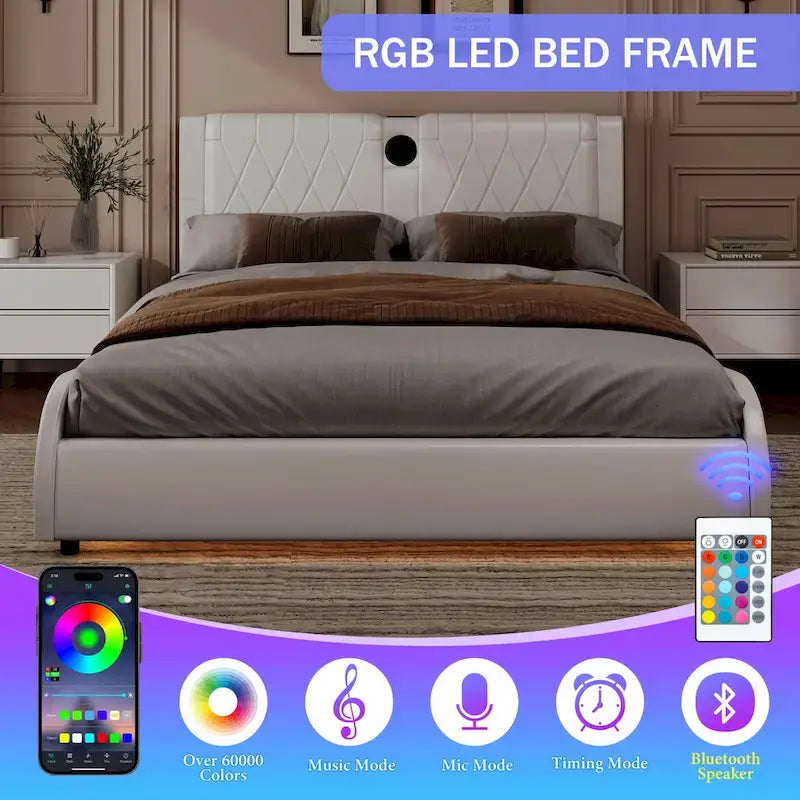 Cadre de lit King LED avec enceintes Bluetooth et revêtement en cuir