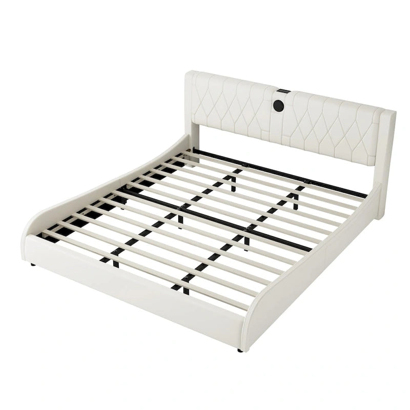 Cadre de lit King LED avec enceintes Bluetooth et revêtement en cuir