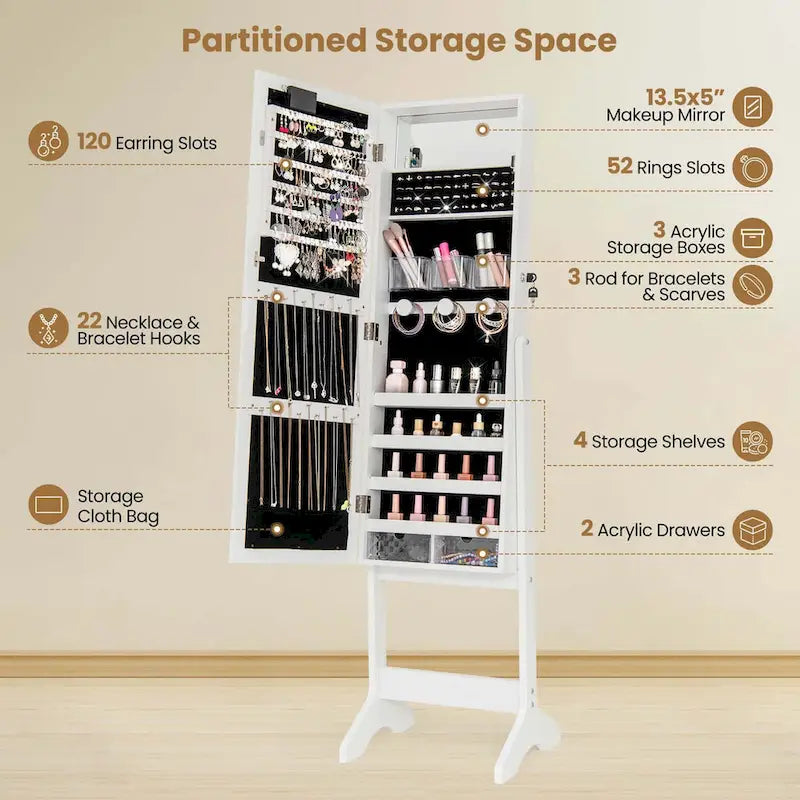LED Mirror Jewelry Cabinet with 20 LED Lights Full-Length - See Details