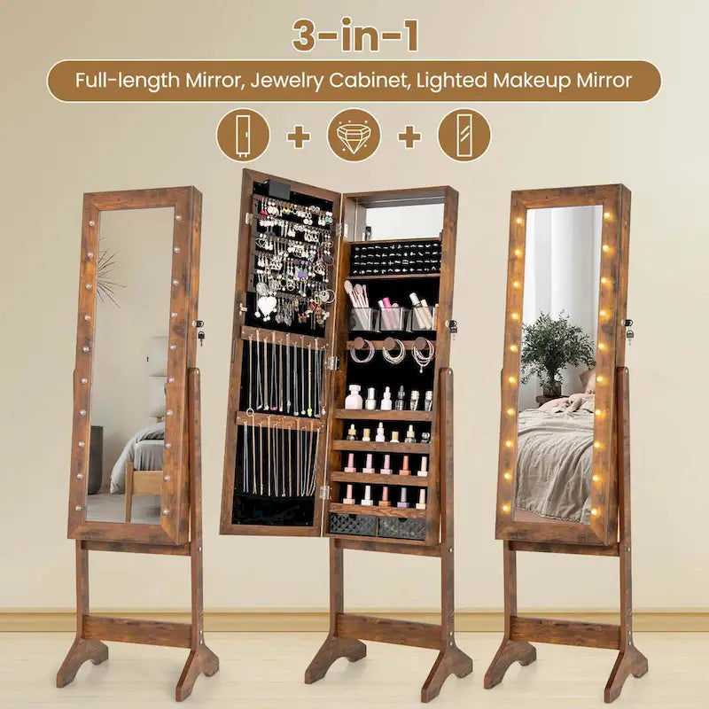 LED Mirror Jewelry Cabinet with 20 LED Lights Full-Length - See Details
