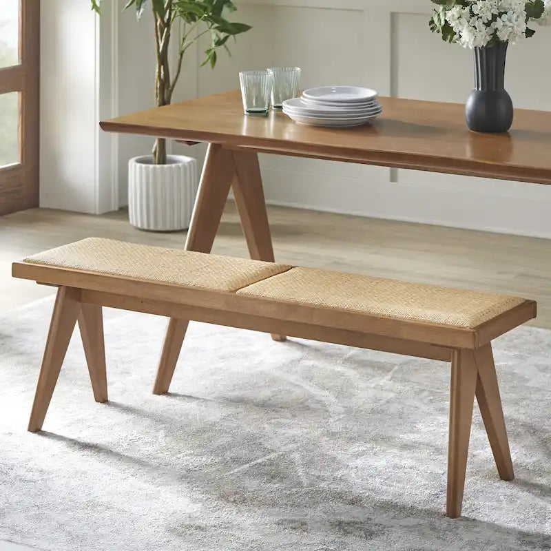 Banc de salle à manger en bois massif et rotin