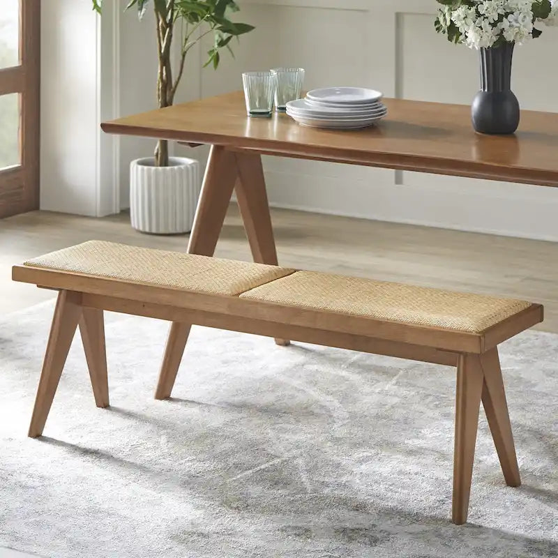 Banc de salle à manger en bois massif et rotin