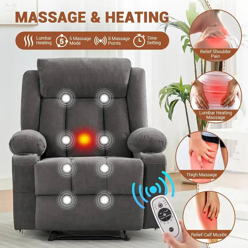 Fauteuil inclinable manuel surdimensionné avec massage par vibrations et fonction chauffante, canapé classique surpiqué à assise profonde
