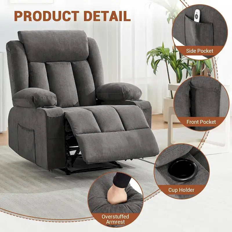 Fauteuil inclinable manuel surdimensionné avec massage par vibrations et fonction chauffante, canapé classique surpiqué à assise profonde