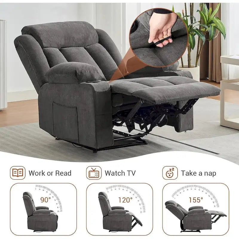 Fauteuil inclinable manuel surdimensionné avec massage par vibrations et fonction chauffante, canapé classique surpiqué à assise profonde