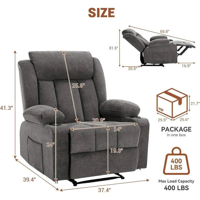 Fauteuil inclinable manuel surdimensionné avec massage par vibrations et fonction chauffante, canapé classique surpiqué à assise profonde