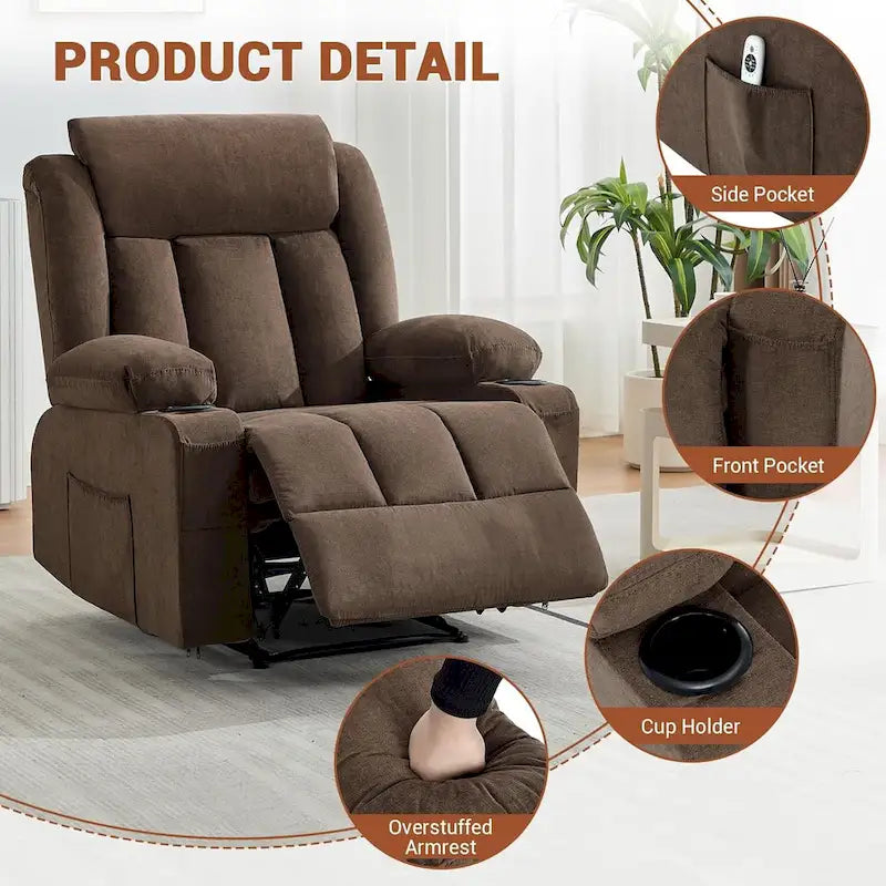 Fauteuil inclinable manuel surdimensionné avec massage par vibrations et fonction chauffante, canapé classique surpiqué à assise profonde