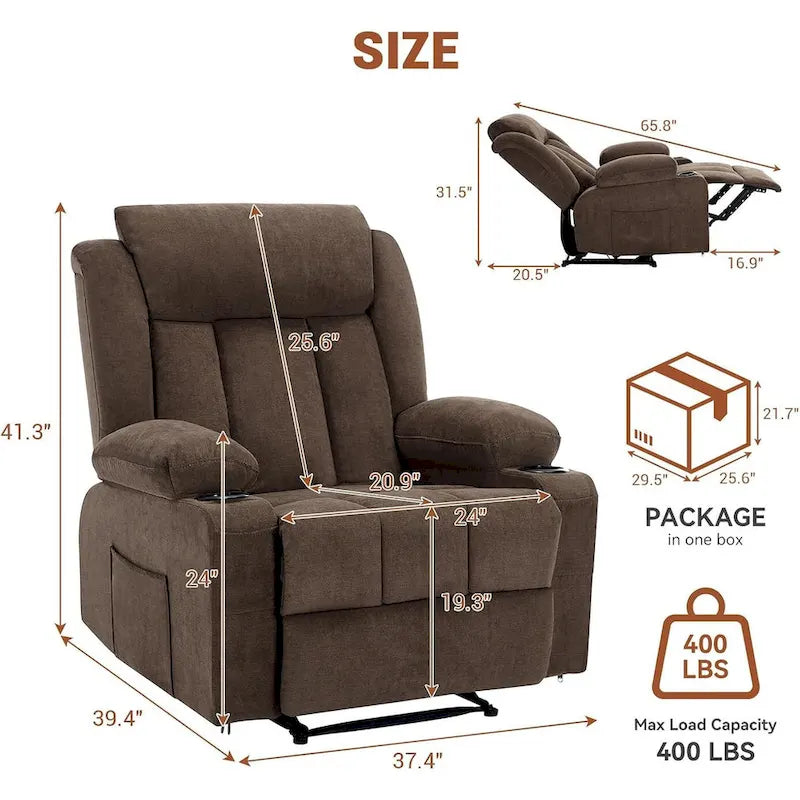 Fauteuil inclinable manuel surdimensionné avec massage par vibrations et fonction chauffante, canapé classique surpiqué à assise profonde