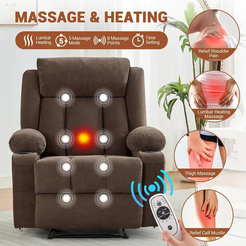 Fauteuil inclinable manuel surdimensionné avec massage par vibrations et fonction chauffante, canapé classique surpiqué à assise profonde