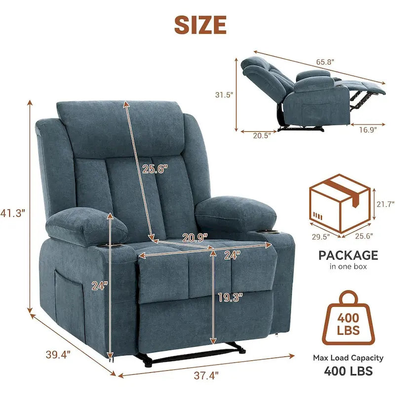 Fauteuil inclinable manuel surdimensionné avec massage par vibrations et fonction chauffante, canapé classique surpiqué à assise profonde