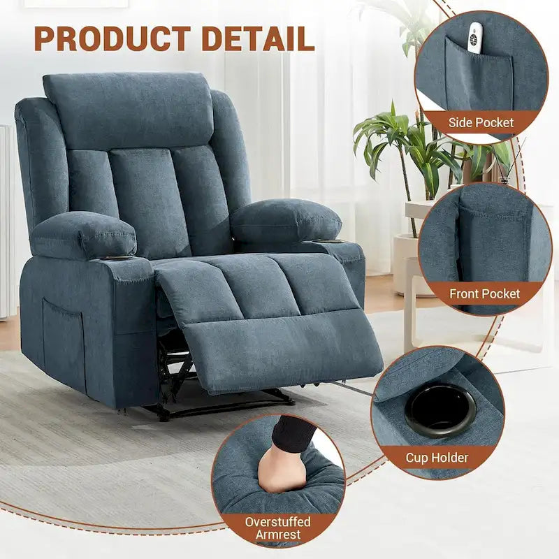 Fauteuil inclinable manuel surdimensionné avec massage par vibrations et fonction chauffante, canapé classique surpiqué à assise profonde