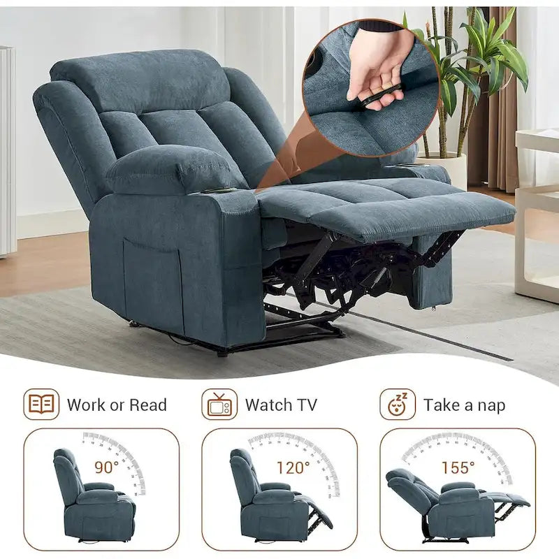 Fauteuil inclinable manuel surdimensionné avec massage par vibrations et fonction chauffante, canapé classique surpiqué à assise profonde