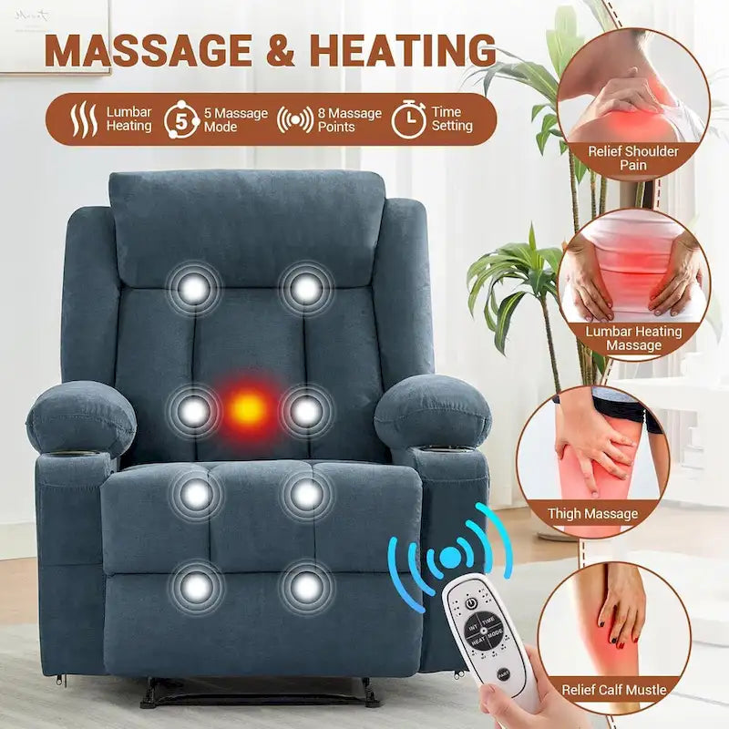 Fauteuil inclinable manuel surdimensionné avec massage par vibrations et fonction chauffante, canapé classique surpiqué à assise profonde
