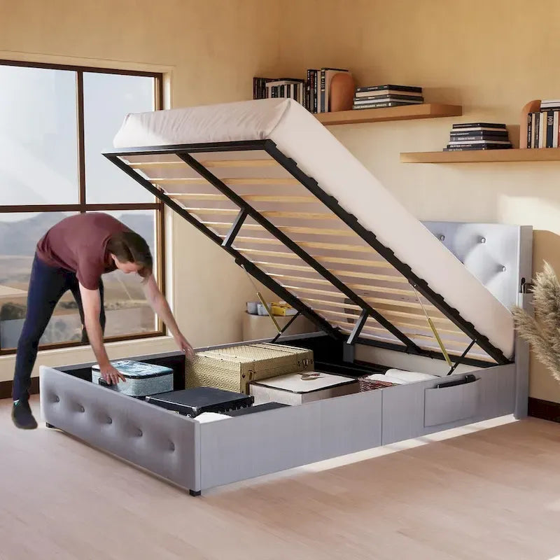 Light Gray Queen Size Modern Metal Platform Bed with Storage,Wingback Headboard and USB Ports