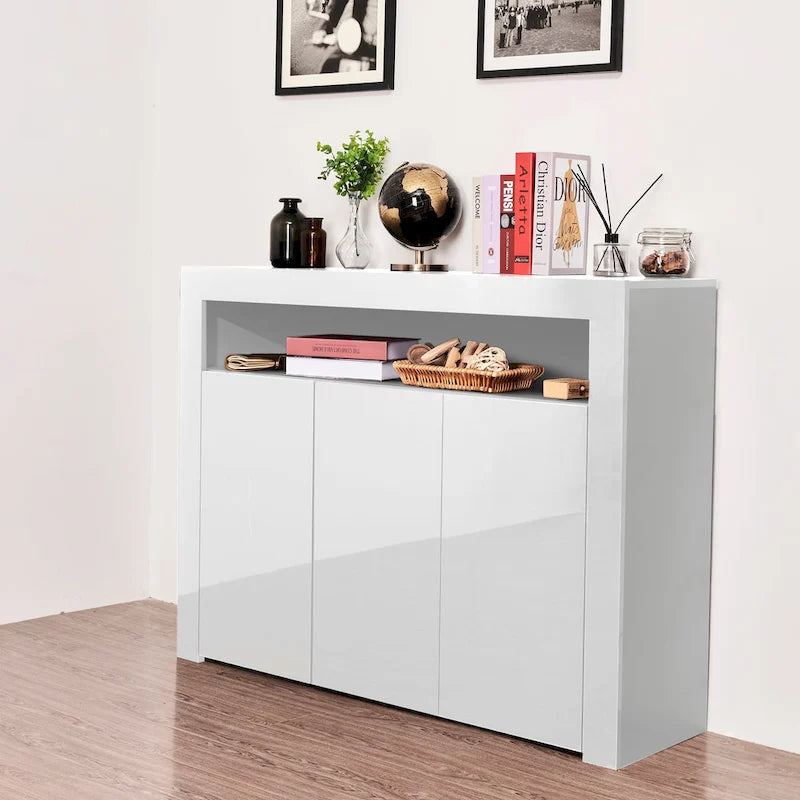 Buffet de rangement laqué brillant avec éclairage LED