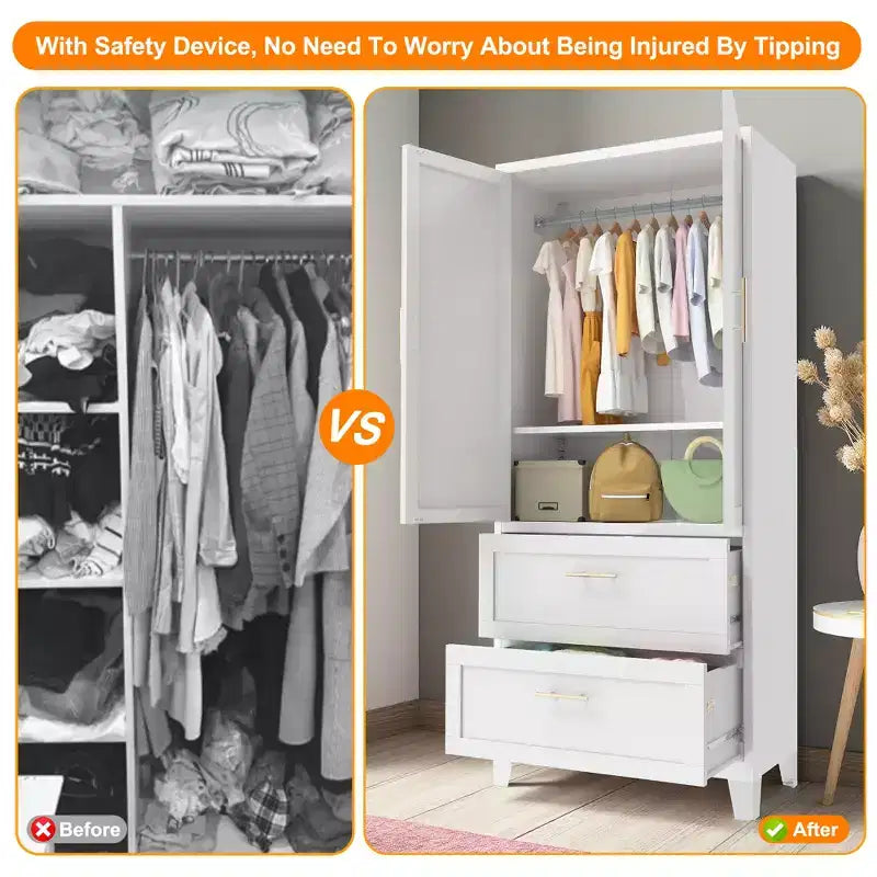 JVNOXK Armoire Métallique de 180 cm de Haut avec 2 Tiroirs et Tringle à Vêtements, Penderie à 2 Portes avec Étagère pour Chambre à Coucher, Blanc