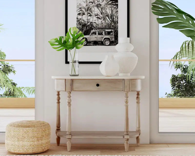 Table console à plateau en marbre – Brun clair / Gris / Noir délavé, demi-lune, montage par une personne