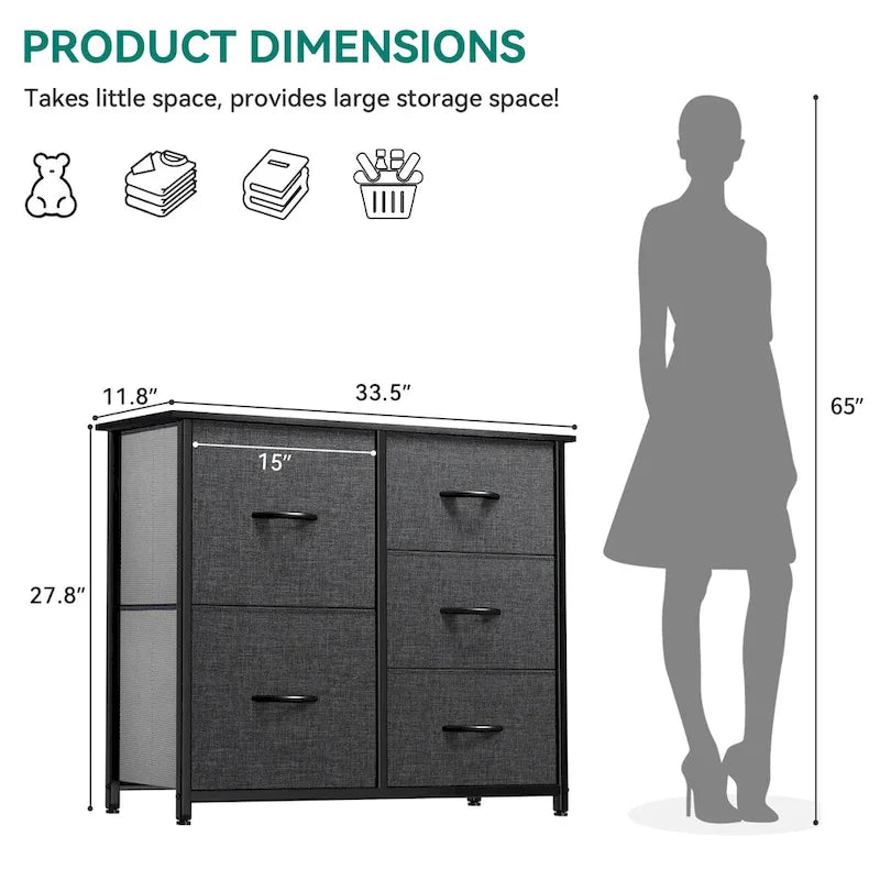 Commode de rangement à 5 tiroirs Gris Organiseur