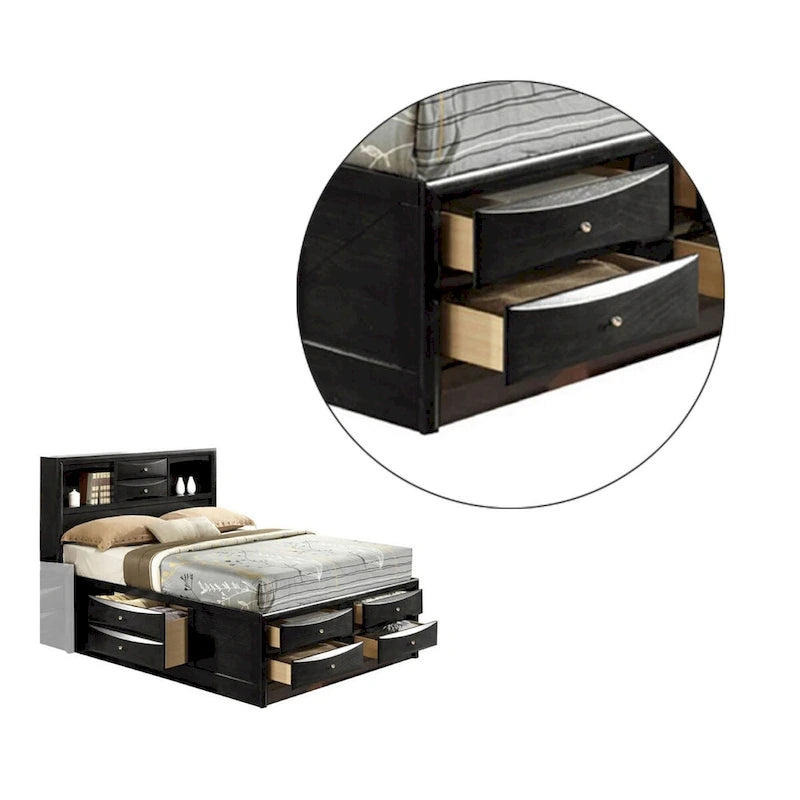 Panel Design Eastern King Size Bed with Bookcase and Drawers, Black