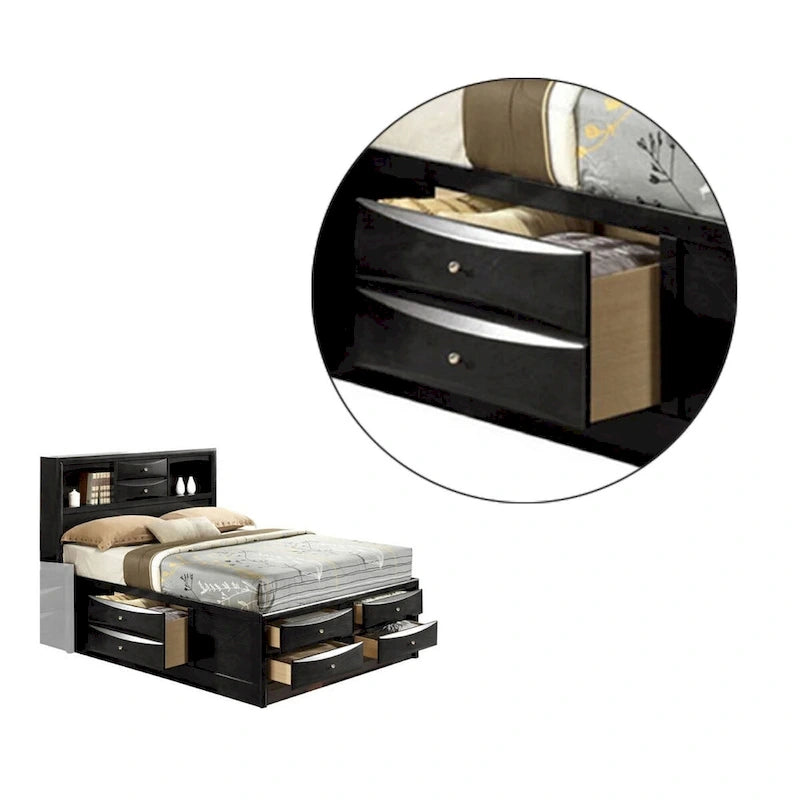 Panel Design Eastern King Size Bed with Bookcase and Drawers, Black