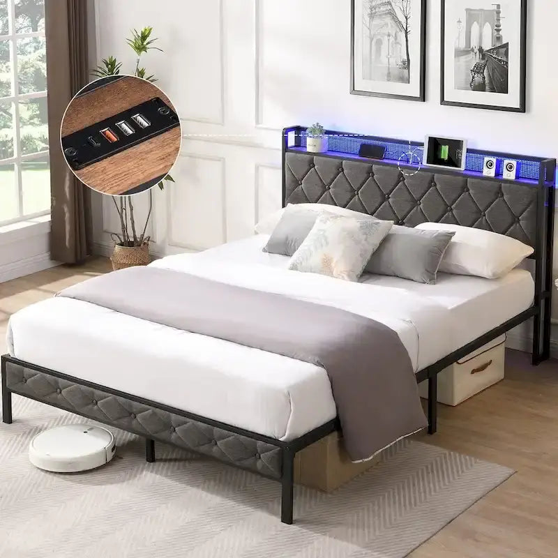 Bed Frame with Storage Headboard Charging Station and LED Lights