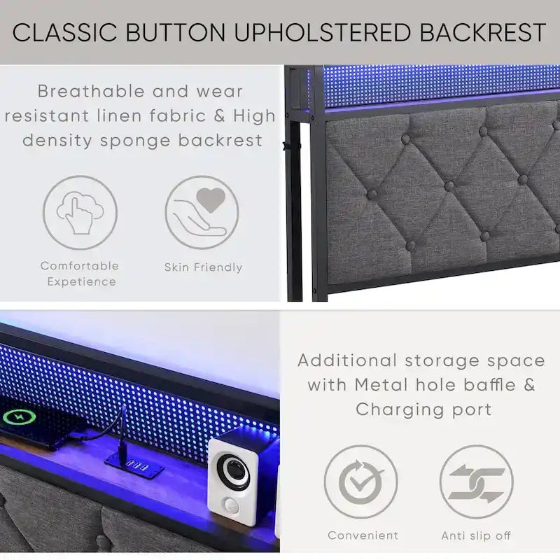 Cadre de lit avec tête de lit de rangement, station de recharge et lumières LED