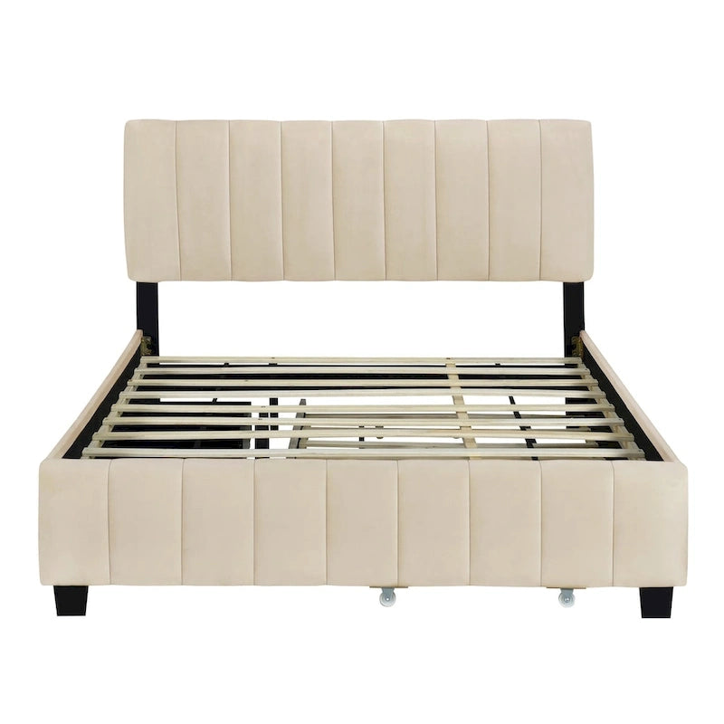 Lit plate-forme capitonné en velours Queen Size avec 2 tiroirs et 1 lit gigogne Twin XL