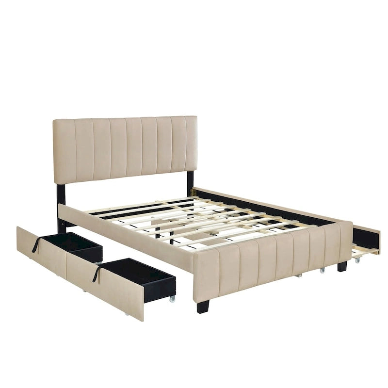 Lit plate-forme capitonné en velours Queen Size avec 2 tiroirs et 1 lit gigogne Twin XL