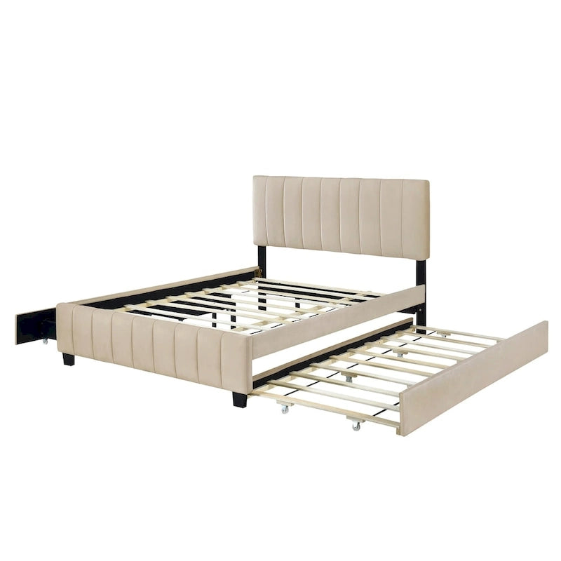 Lit plate-forme capitonné en velours Queen Size avec 2 tiroirs et 1 lit gigogne Twin XL