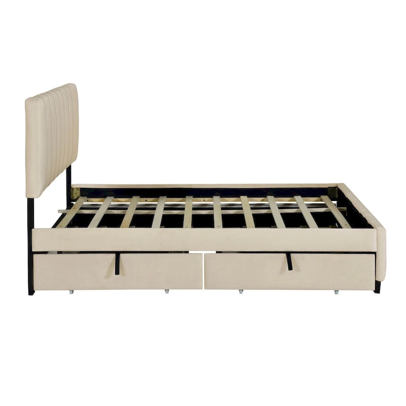 Lit plate-forme capitonné en velours Queen Size avec 2 tiroirs et 1 lit gigogne Twin XL