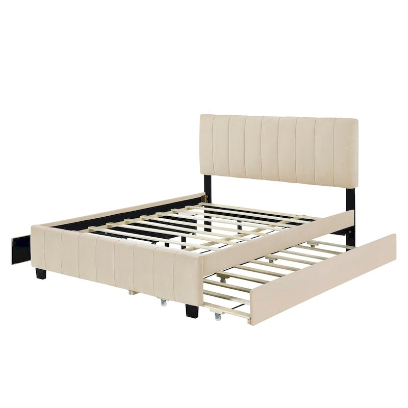 Lit plate-forme capitonné en velours Queen Size avec 2 tiroirs et 1 lit gigogne Twin XL