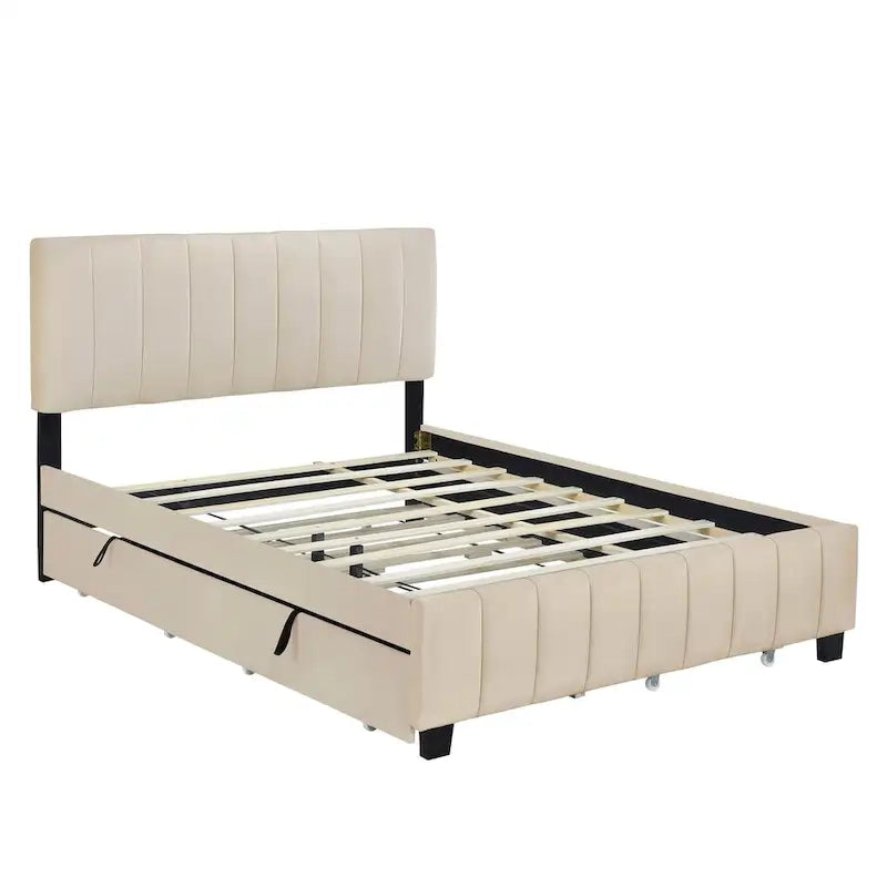 Lit plate-forme capitonné en velours Queen Size avec 2 tiroirs et 1 lit gigogne Twin XL
