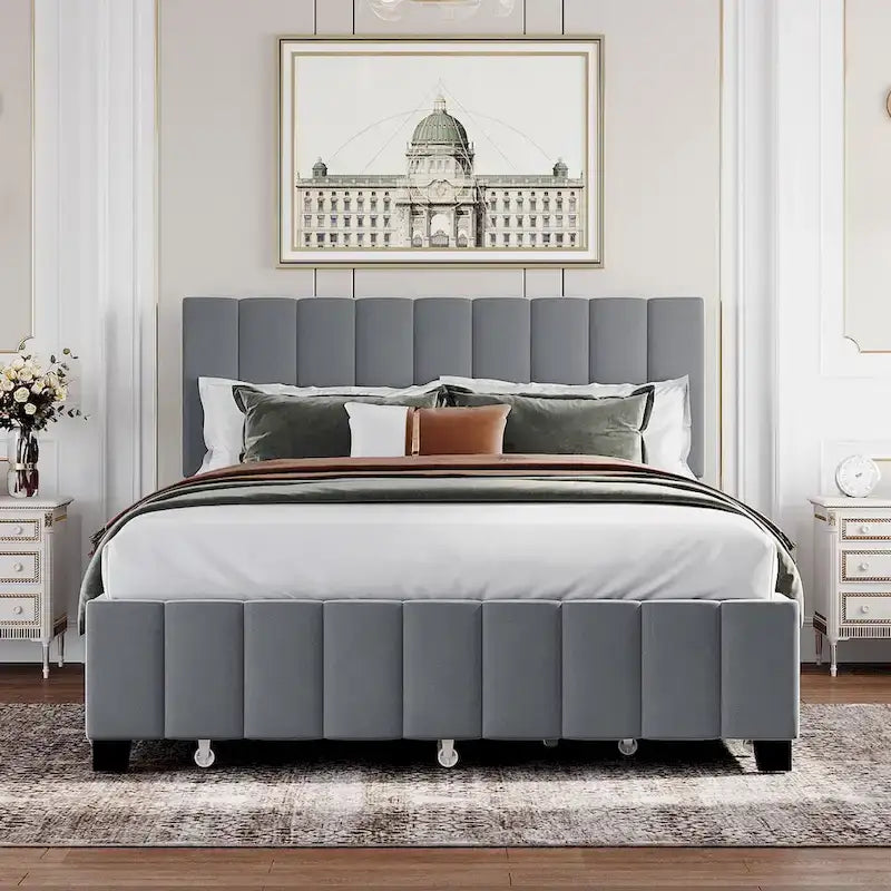 Lit plate-forme capitonné en velours Queen Size avec 2 tiroirs et 1 lit gigogne Twin XL
