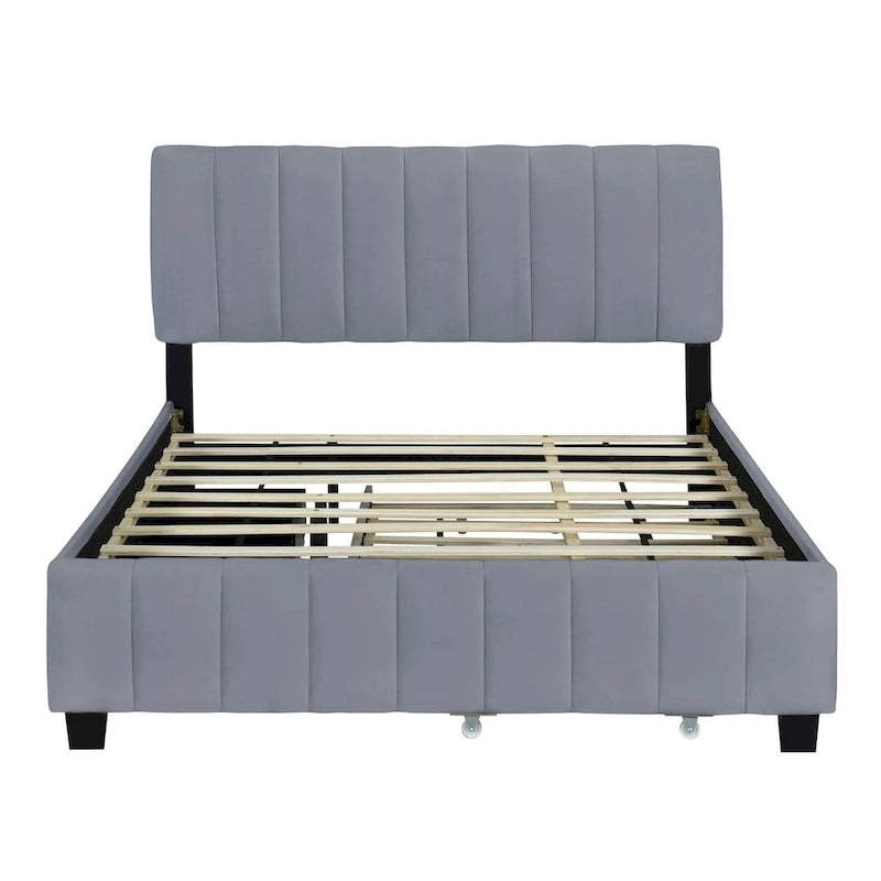 Lit plate-forme capitonné en velours Queen Size avec 2 tiroirs et 1 lit gigogne Twin XL